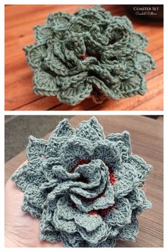 crocheted flower made from yarn on top of a wooden table with text overlay