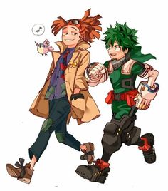 two anime characters are walking side by side