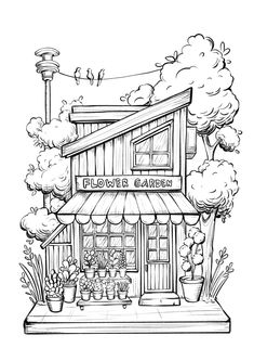 Coloring Sheet Front Store Shop Coloring Pages, Drawing Heart, Arte Doodle, Detailed Coloring Pages, Architecture Drawing Art, Cool Coloring Pages, Mini Drawings, Coloring Book Art, Cute Coloring Pages