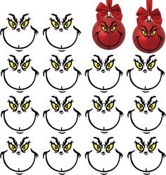 a set of twelve red shoes with yellow eyes and bows on the top one has an angry grin