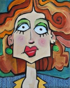 a painting of a woman with red hair and green eyes