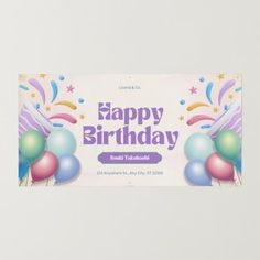 a happy birthday banner with balloons and streamers on the front, in pastel colors