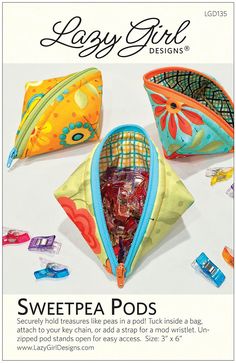 an advertisement for candy girl designs featuring three colorful pouches, one filled with candies