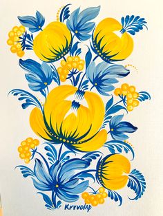 a painting of yellow and blue flowers on a white background