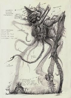 a drawing of an alien creature with its mouth open and hands on it's back