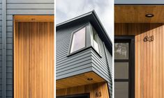 three different views of the front and side of a house with wood siding on it