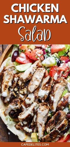 chicken shawarma salad on flatbreads with tomatoes and cucumbers