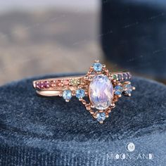 Moonstone Engagement Ring Sets Oval Cut Ring Women Blue Topaz - Etsy Violet Sapphire, Engagement Ring Sets, Art Deco Rose, Moonstone Engagement Ring Set, Oval Cut Ring, Deco Rose, Cute Engagement Rings, Rainbow Wedding, Moonstone Engagement