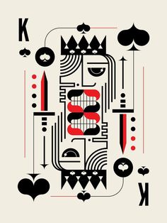 the king of spades in black and white with red accents, on a beige background