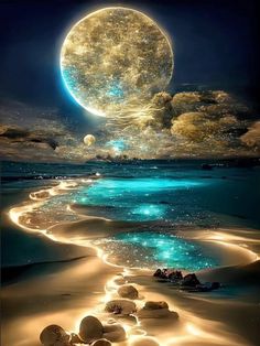 an ocean scene with rocks and water under a full moon filled sky, as if it were floating in the air