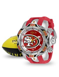 This impressive Invicta NFL watch features a Quartz movement, all in a solid steel, gold, red case. Its antique silver, gunmetal, red metal dial is enclosed by a highly protective Flame Fusion Crystal. This watch is finished by a strong silver, gold, red stainless steel, silicone, aluminium band, and it offers 1000m water resistance.Since its inception in La Chaux-de-Fonds, Switzerland in 1837, a commitment to excellence and innovation has been at the heart of every collection created by Invicta Red Automatic Chronograph Watch With Round Dial, Red Automatic Watches With Round Dial, Red Automatic Watch With Round Dial, Red Watches With Subdials, Red Watch With Subdials, Red Watches With Subdials And Round Dial, Gold Chronograph Collectible Watches, Collectible Gold Chronograph Watch, Red Chronograph Watch With Metal Dial