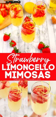 strawberry limoo mimosas with strawberries and lemons