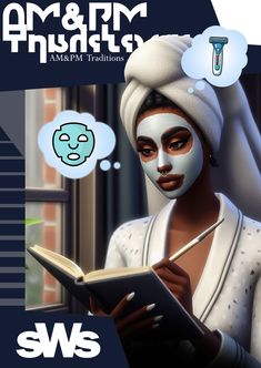 an animated image of a woman with a face mask reading a book and thinking about what is in her mouth