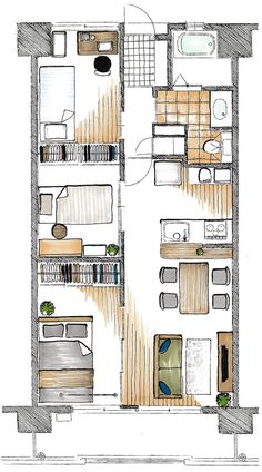 a drawing of a floor plan for a small apartment with an open kitchen and living area