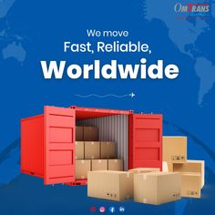 an advertisement for the move fast, reliable world wide shipping company with boxes and crates