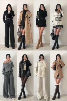 Fall fashion, outfit ideas, style inspo, neutral style, sweater, knee high boots, blazer, trench coat, classic and chic look Kdrama Fall Outfits, Cute Outfits With Long Boots, Fancy Cold Outfits, Matching Basic Outfits, Business Casual Knee High Boots, Winter Outfits With Long Coat, Outfits For Clubbing Night, Reavling Outfit Aesthetic, Chinese Preppy Fashion