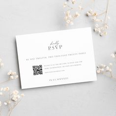 Minimalist Wedding RSVP QR Code Card Template with Roman Numerals on a white card with black text, elegantly surrounded by delicate gypsophila flowers on a grey textured background. Wedding Invitation Rsvp Cards, Wedding Invitations Rsvp Online, Rsvp Card With Qr Code, Online Rsvp Wedding Card, Wedding Esthetics, Rsvp Wedding Cards Wording, Rsvp Cards Wedding, Rsvp Invitation