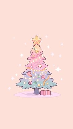 a christmas tree with presents under it and stars on the top, in pink background