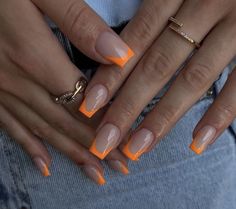 Square Nails Orange Tips, French Nails With Orange Tips, Nail Inspiration Orange, Medium Length Orange Nails, Coffin Orange French Tip Nails, Orange Square French Tip Nails, Bright Orange French Tip, Orange Neon French Nails