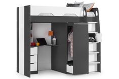 a bunk bed with a desk underneath it and drawers under the bed, which also has an open door for storage