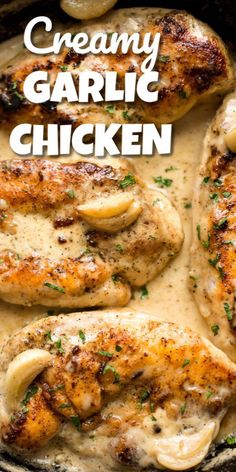 creamy garlic chicken in a cast iron skillet