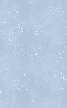 the sky is filled with stars and crescents in white on light blue background,