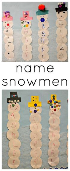 snowmen made out of paper plates with the words name and number written on them