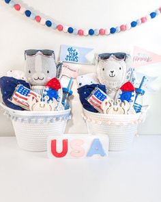 two teddy bears in patriotic baskets on a table