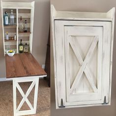 an old door turned into a table with white paint and wood planks on it