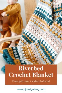 a crocheted blanket with the text riverbed crochet blanket