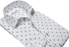 Upgrade your wardrobe with the W038R Lost Paisley Roll Collar. Crafted from extra fine cotton with a luxurious silk-like finish, this shirt is a dream to wear. The Marcello exclusive one-piece roll collar stands elegantly, while the custom matched buttons and trim fabric add a touch of sophistication. Perfect for any occasion. Extra fine cotton fabric. Marcello One Piece Collar. Hand selected buttons and matched trim fabric. Classic shaped fit. Classic Shirt With Paisley Print And Spread Collar, Elegant Collared Printed Shirt, Elegant Printed Collared Shirt, Elegant White Printed Shirt, Elegant Printed Shirt With Spread Collar, Custom Matches, Mens Clothing Store, Rolled Collar, Trim Fabric