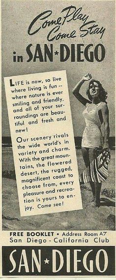 an advertisement for san diego beach club featuring a woman in bathing suit and sun hat