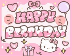 a hello kitty birthday card with balloons and presents