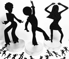 three silhouettes of people dancing on top of each other in front of a white background