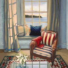 a painting of a living room with a couch, chair and window overlooking the water