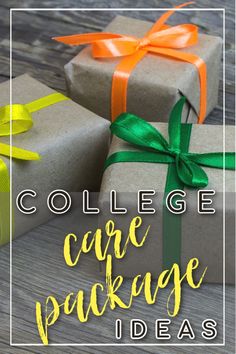 three wrapped presents with the words college care package ideas