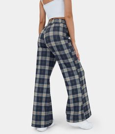 Women’s High Waisted Plaid Wide Leg Casual Pants - Halara Stacked Sweatpants, Sweatpants Cargo, Wide Leg Casual Pants, Tomboy Femme, Plaid Jeans, Bday List, Modest Fits, Winter Work, Tartan Design