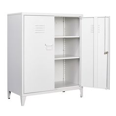 a white metal cabinet with two doors and shelves on each side, open to reveal the contents