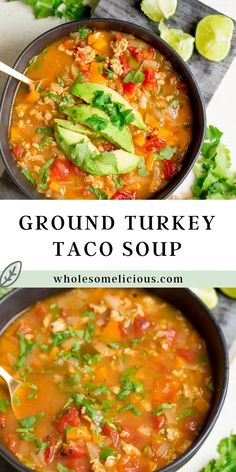 two bowls of ground turkey taco soup with limes and cilantro on the side