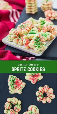 some cookies that are on a table with green and red sprinkles in the middle