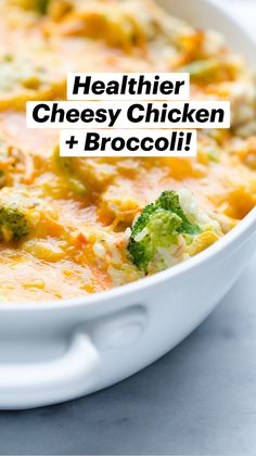 broccoli and cheese casserole in a white dish on a counter top