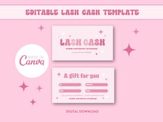 a pink and white business card with the words cash cash on it, surrounded by stars