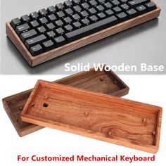 a wooden box with a black keyboard on it and another photo of the same object