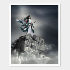 a woman standing on top of a mountain holding a spear and wearing a long white dress