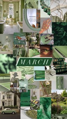 a collage of green and white images with the words march in it's center