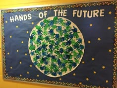 a blue and green banner with the words hands of the future on it