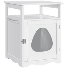 a white wooden cat house with the door open and an opening to it's outside