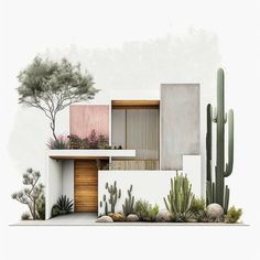 an architectural drawing of a house with cactus and cacti