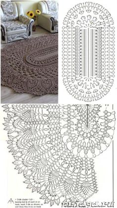 the crocheted rug is shown in two different sizes and colors, with an image of