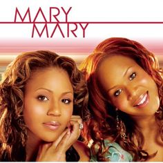 two women standing next to each other in front of a red and white background with the words mary mary on it